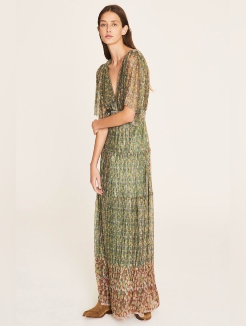 ba&sh Green and Yellow Pleated Floral Maxi Dress